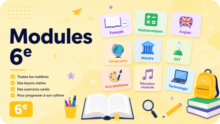 Illustration représentant l’ensemble des matières étudiées en classe de 6e : français, mathématiques, anglais, histoire, géographie, SVT, technologie, arts plastiques et éducation musicale sur un fond jaune clair.