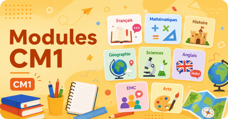 Illustration représentant l’ensemble des matières étudiées en CM1 : français, mathématiques, histoire, géographie, sciences, anglais, EMC et arts sur un fond orange clair.