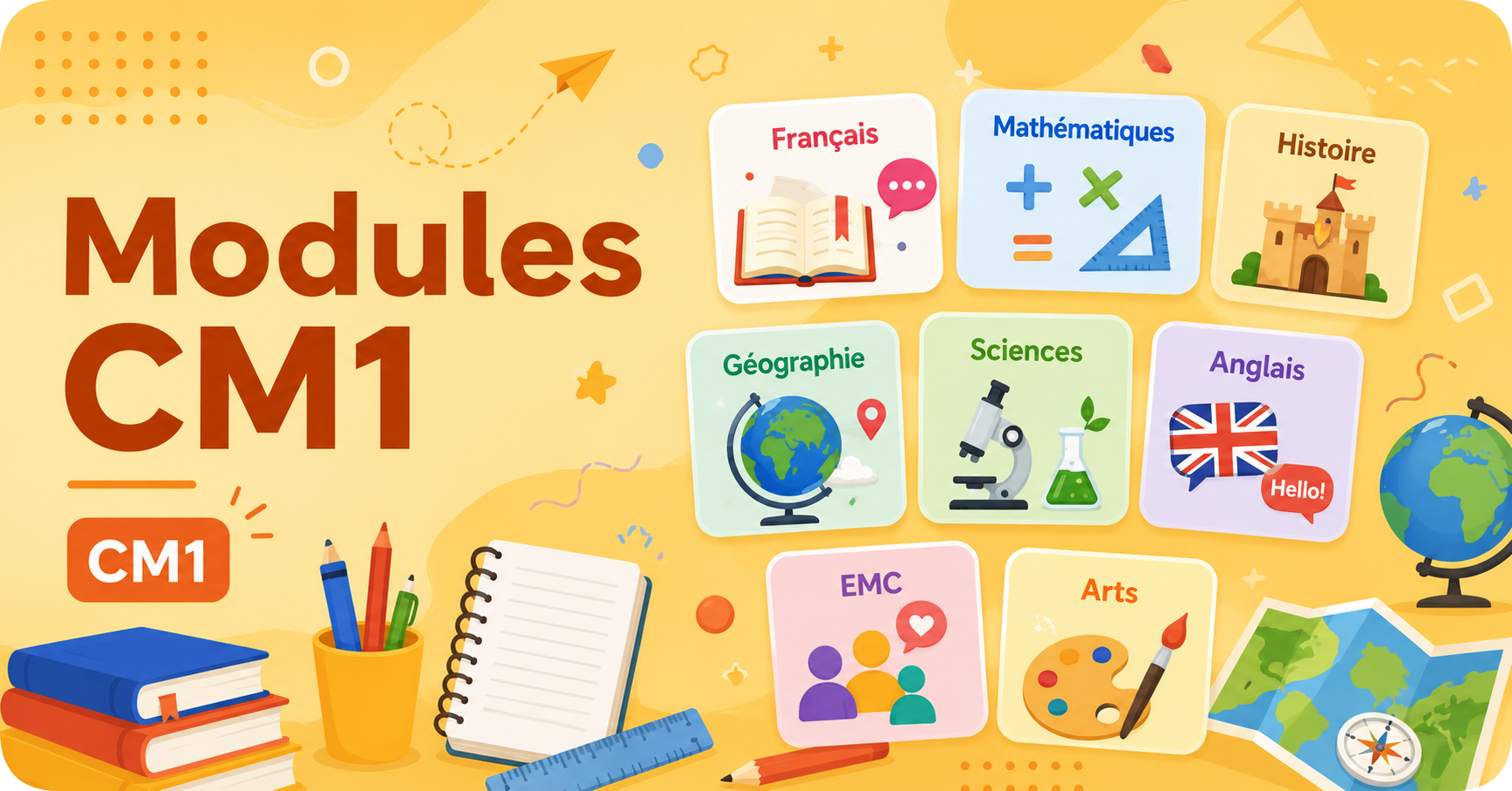 Illustration représentant l’ensemble des matières étudiées en CM1 : français, mathématiques, histoire, géographie, sciences, anglais, EMC et arts sur un fond orange clair.