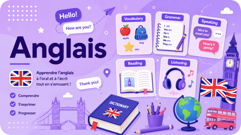 Illustration représentant l’apprentissage de l’anglais du CP à la 3e avec du vocabulaire, des expressions, des bulles de dialogue et des symboles du monde anglophone sur un fond violet.