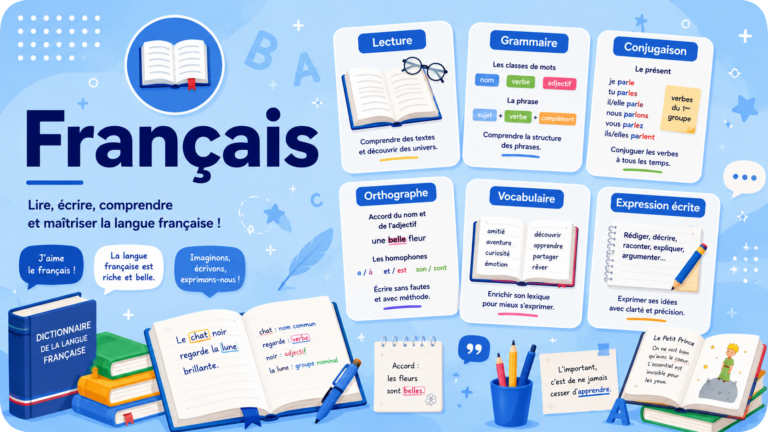 Illustration représentant l’apprentissage du français du CP à la 3e avec des notions de lecture, grammaire, conjugaison, orthographe, vocabulaire et expression écrite sur un fond bleu.
