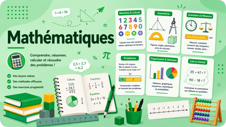 Illustration représentant l’apprentissage des mathématiques du CP à la 3e avec des nombres, des calculs, des figures géométriques, des mesures et des graphiques sur un fond vert.