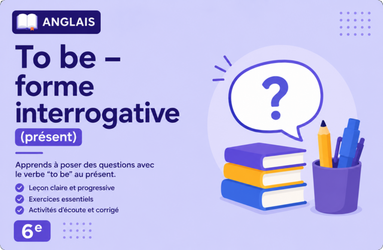 Illustration pédagogique sobre sur la forme interrogative du verbe “to be” en anglais 6e, avec fond violet clair, bulle de question et présentation des activités du module.
