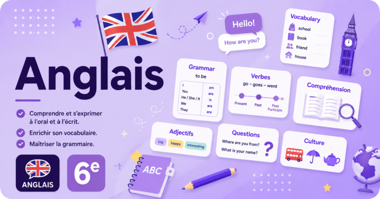 Illustration représentant la matière Anglais en 6e avec des éléments de vocabulaire, de grammaire, de compréhension écrite et de culture anglophone sur un fond violet.
