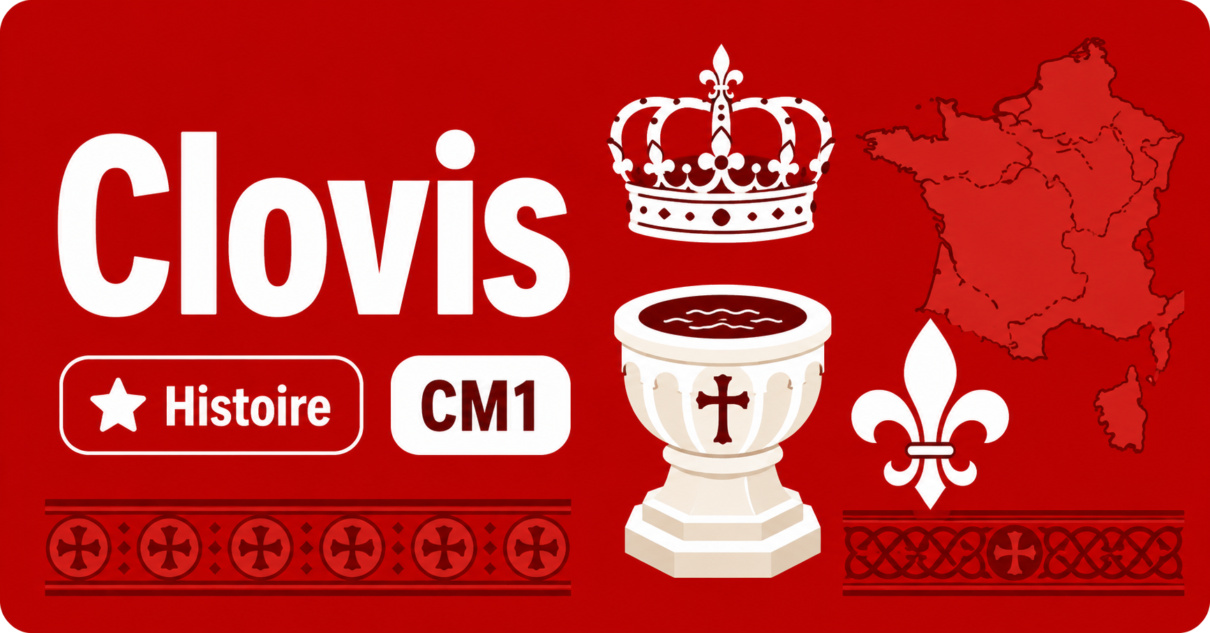 Illustration sur Clovis roi des Francs en histoire CM1, avec couronne médiévale et symboles mérovingiens.
