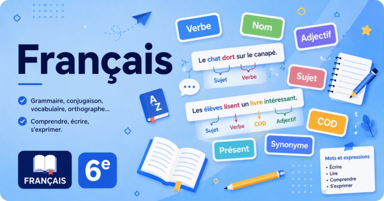 Illustration représentant la matière Français en 6e avec des notions de grammaire, conjugaison, orthographe et vocabulaire : verbe, nom, adjectif, sujet, COD, présent et synonyme.