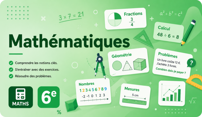 Illustration représentant la matière Mathématiques en 6e avec des nombres, des opérations, des figures géométriques, des fractions et des graphiques sur un fond vert.