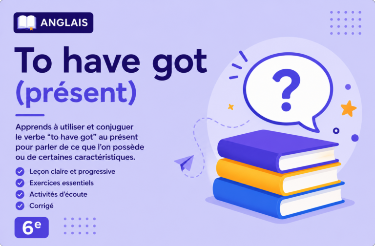 Illustration pédagogique sobre sur le verbe “to have got” au présent en anglais 6e, avec fond violet clair, livres, bulle de dialogue et présentation des activités du module.