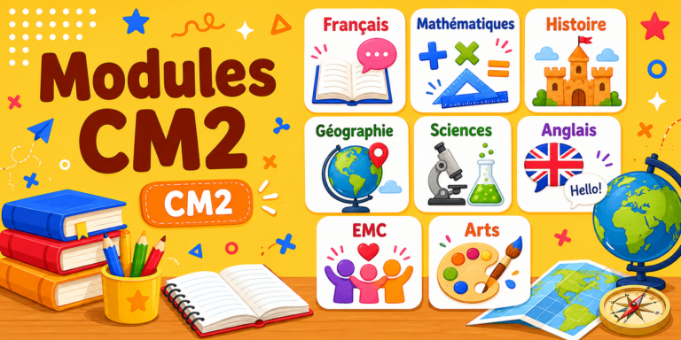Illustration colorée présentant les modules de révision CM2. Huit matières sont représentées par des cartes illustrées : Français, Mathématiques, Histoire, Géographie, Sciences, Anglais, EMC et Arts. Des livres, des crayons, un globe et une carte du monde complètent la scène sur un fond jaune vif.