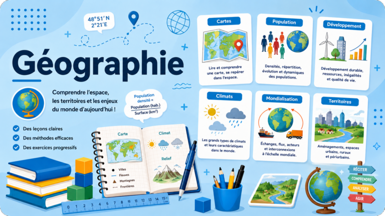 Illustration éducative sur la géographie avec fond bleu clair. Le visuel présente les principaux domaines étudiés en géographie : cartes, population, développement, climats, mondialisation et territoires. Des cartes du monde, globes terrestres, paysages, graphiques et symboles géographiques entourent un grand titre « Géographie ». Une mise en page moderne évoque un manuel scolaire destiné aux élèves du primaire et du collège.