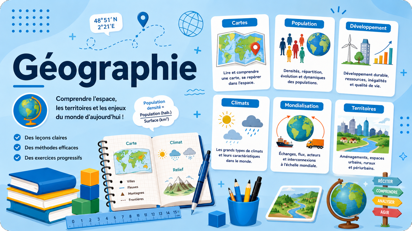 Illustration éducative sur la géographie avec fond bleu clair. Le visuel présente les principaux domaines étudiés en géographie : cartes, population, développement, climats, mondialisation et territoires. Des cartes du monde, globes terrestres, paysages, graphiques et symboles géographiques entourent un grand titre « Géographie ». Une mise en page moderne évoque un manuel scolaire destiné aux élèves du primaire et du collège.