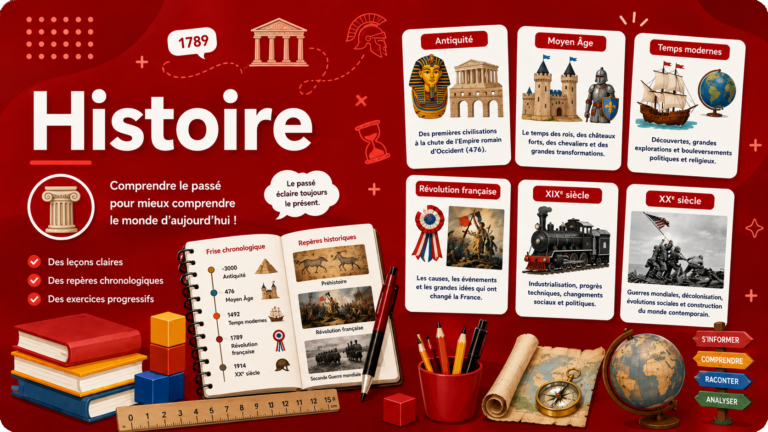 Illustration éducative sur l'histoire avec fond rouge foncé. Le visuel présente les grandes périodes historiques : Antiquité, Moyen Âge, Temps modernes, Révolution française, XIXe siècle et XXe siècle. Des monuments, personnages, objets historiques et repères chronologiques accompagnent un grand titre « Histoire » dans une mise en page inspirée d'un manuel scolaire.