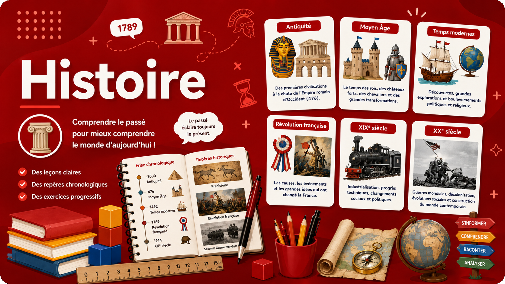 Illustration éducative sur l'histoire avec fond rouge foncé. Le visuel présente les grandes périodes historiques : Antiquité, Moyen Âge, Temps modernes, Révolution française, XIXe siècle et XXe siècle. Des monuments, personnages, objets historiques et repères chronologiques accompagnent un grand titre « Histoire » dans une mise en page inspirée d'un manuel scolaire.