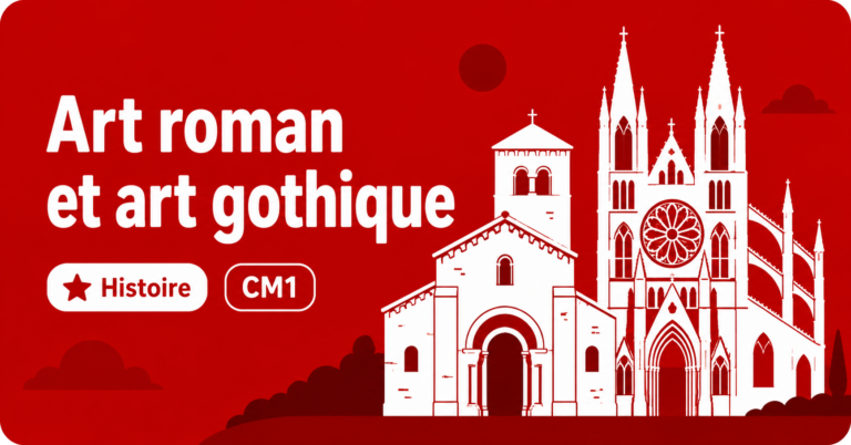 Illustration sur l'art roman et l'art gothique en histoire CM1, avec comparaison des deux styles médiévaux.