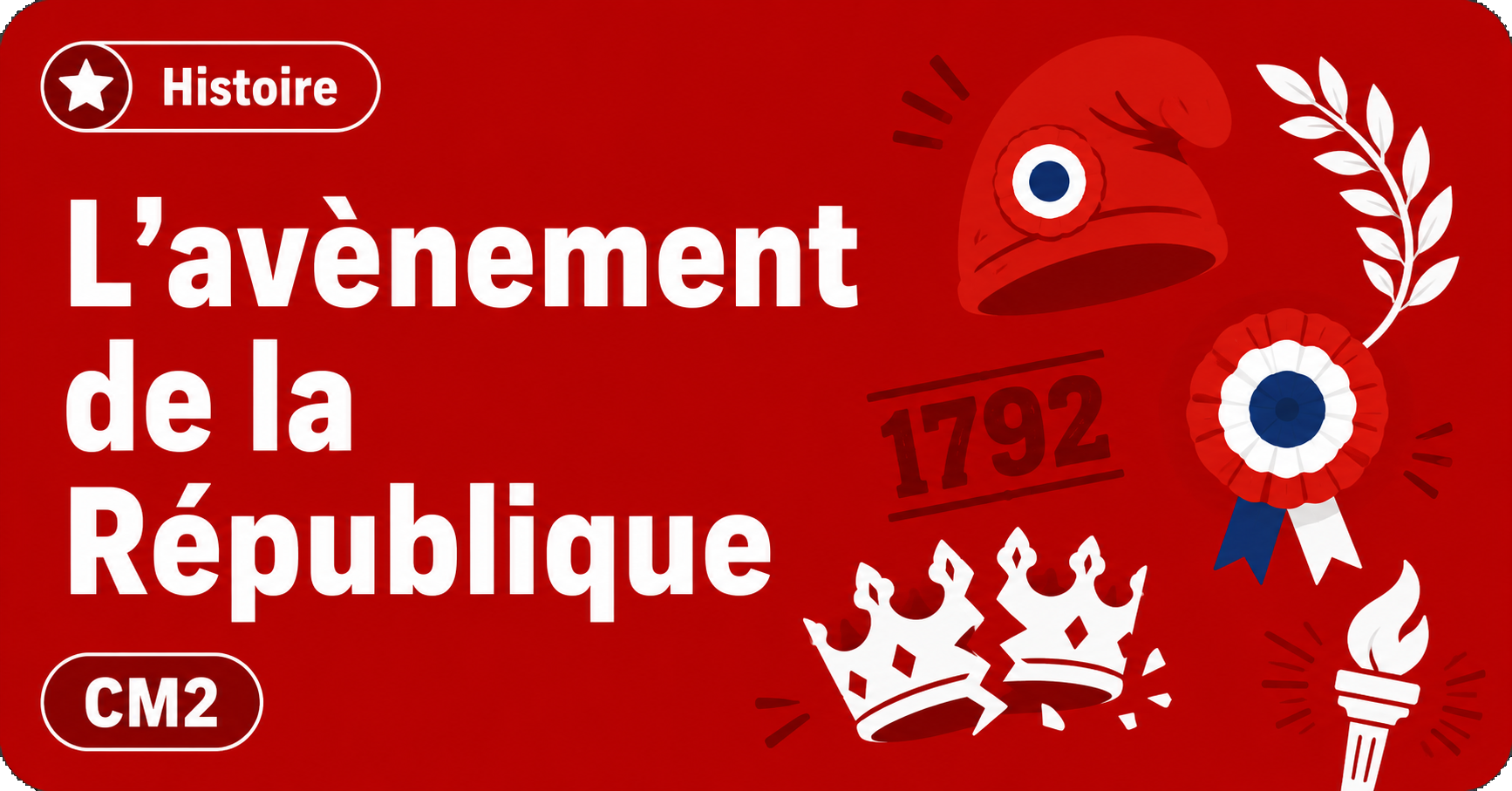Illustration sur l'avènement de la République en histoire CM2, avec bonnet phrygien et symboles révolutionnaires.
