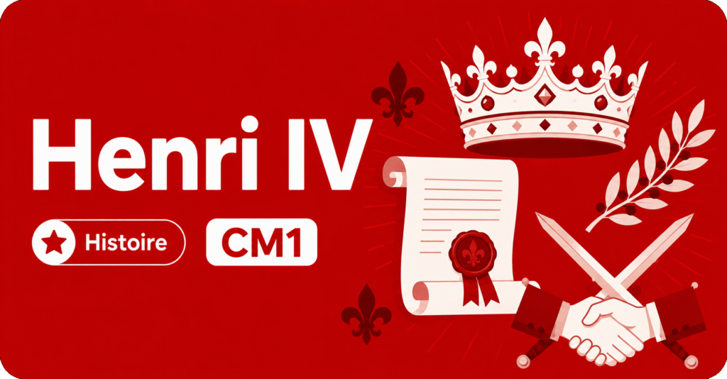 Illustration sur Henri IV en histoire CM1, avec couronne royale et édit de Nantes.