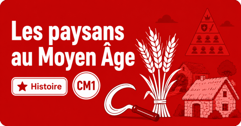 Illustration sur les paysans au Moyen Âge en histoire CM1, avec blé, moulin et chaumière médiévale.