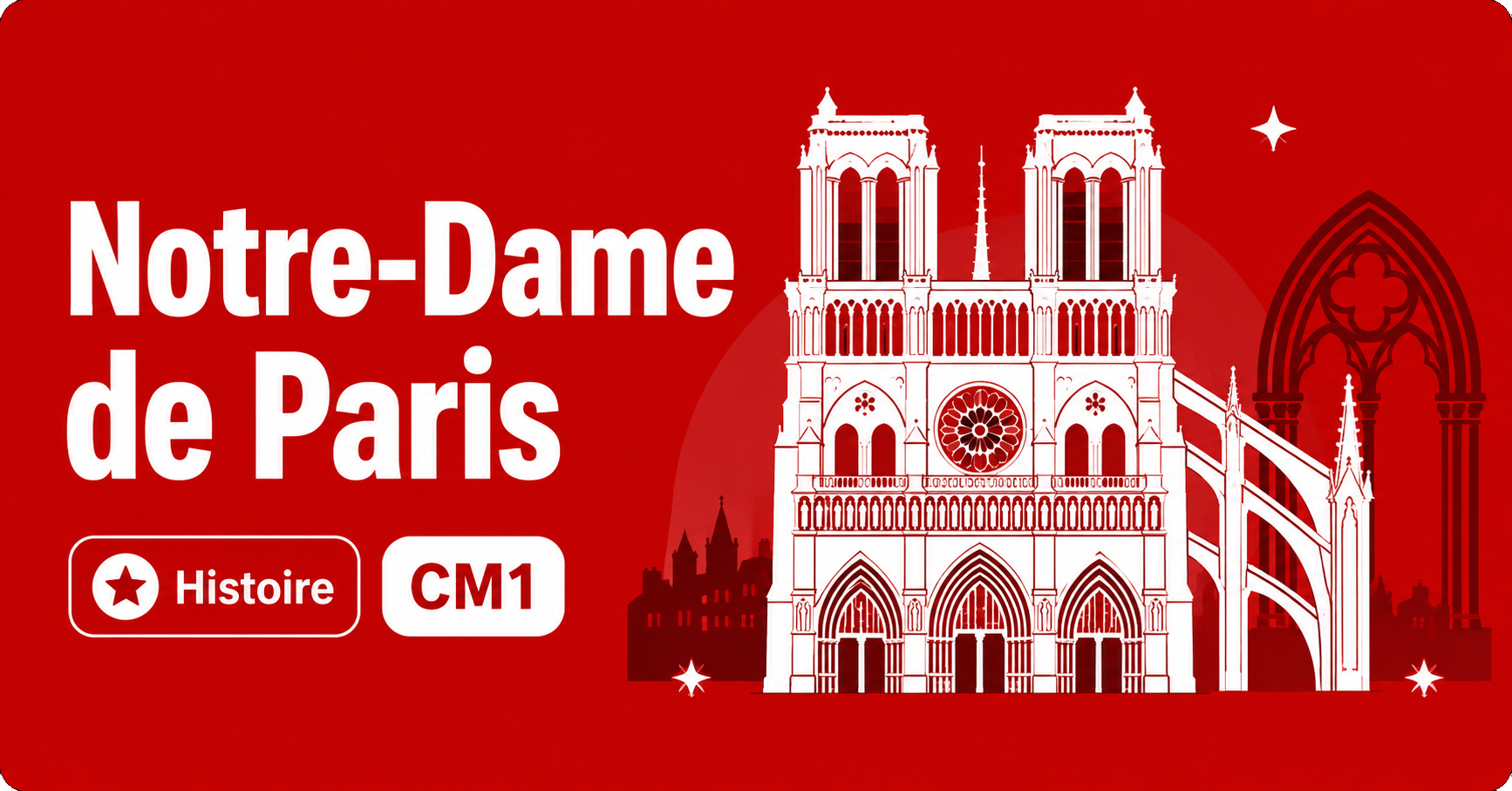 Illustration sur Notre-Dame de Paris en histoire CM1, avec silhouette de la cathédrale gothique.