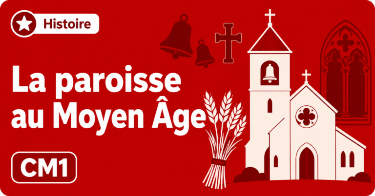 Illustration sur la paroisse au Moyen Âge en histoire CM1, avec église médiévale et clocher.