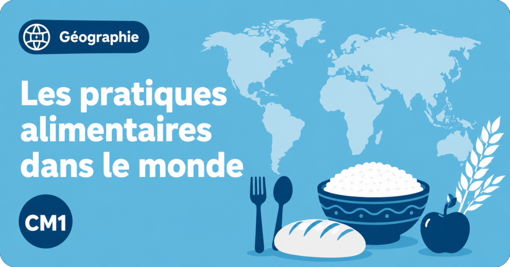 Illustration sur les pratiques alimentaires dans le monde en géographie CM1, avec planisphère et aliments.