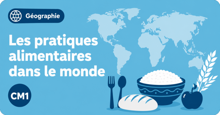Illustration sur les pratiques alimentaires dans le monde en géographie CM1, avec planisphère et aliments.