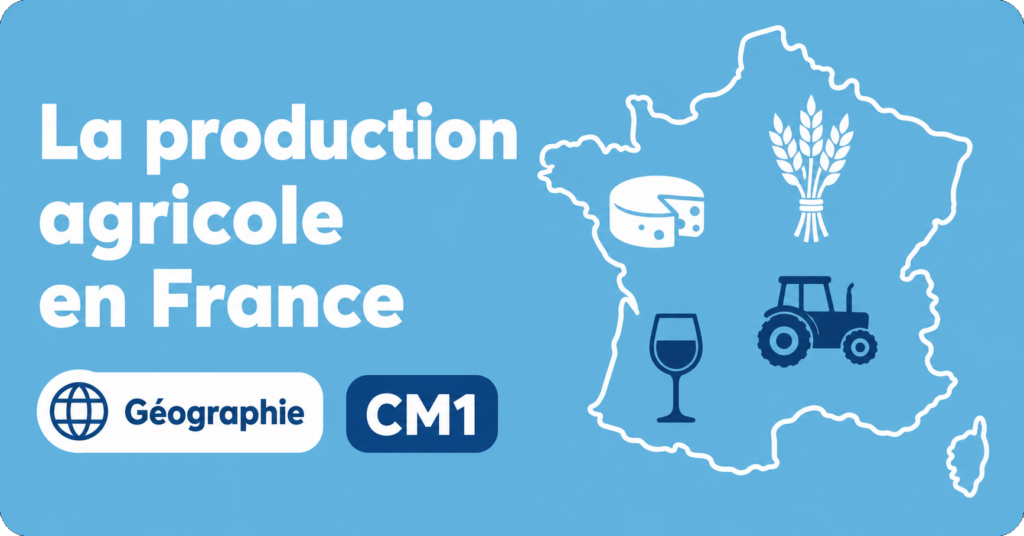Illustration sur la production agricole en France en géographie CM1, avec carte de France et productions agricoles.