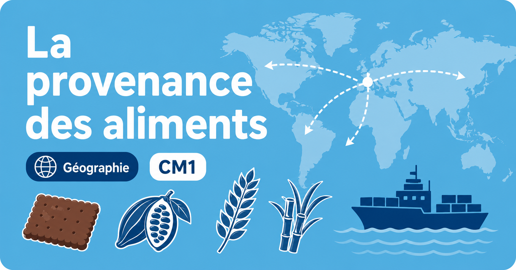 Illustration sur la provenance des aliments en géographie CM1, avec biscuit, cacao, blé et bateau.